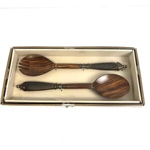 Vintage PIER 1 Serving Spoon Fork Salad Dark Brown Wood Carved Serveware‎ NEW